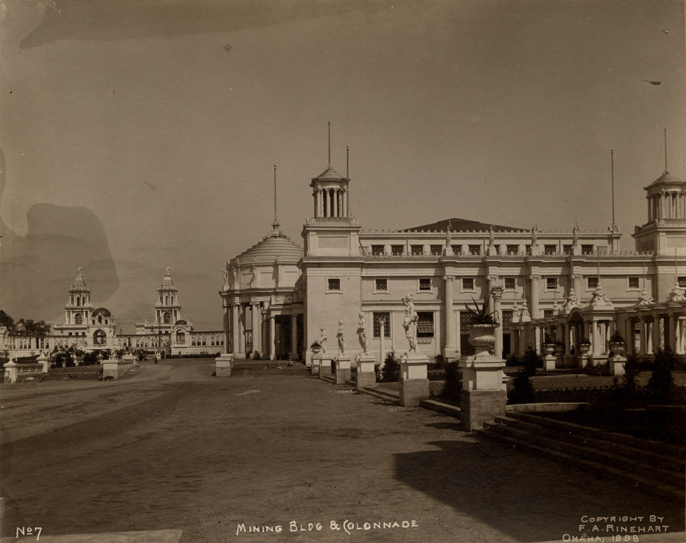 View of Mines & Mining Building and Colonnade, with Twin Towers Restaurants and Colonnade in background, looking northeast.