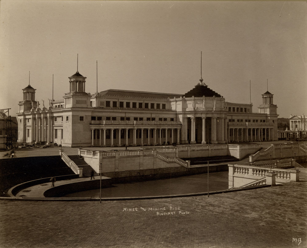 Mines & Mining Building, looking south. Lagoon in foreground.