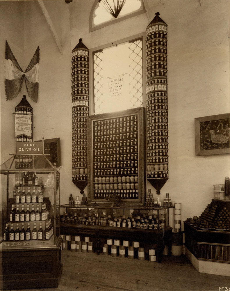 Interior of Horticulture Building. Los Angeles County California Olive Oil Display.