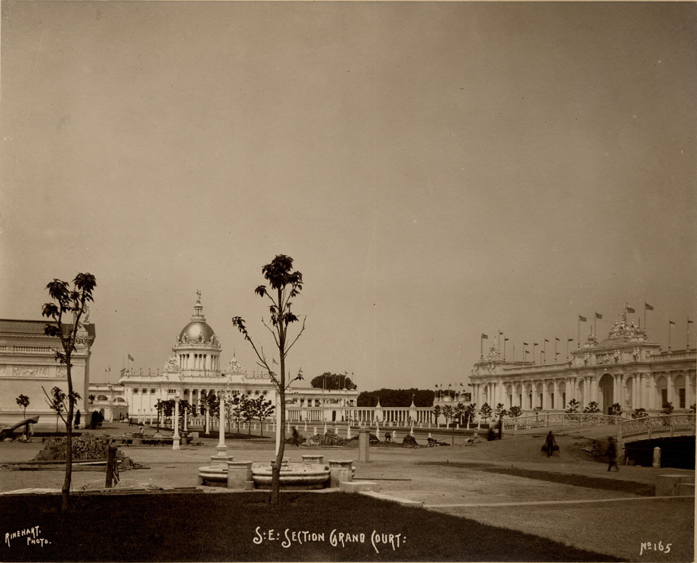 Grand Court looking northwest. Fine Arts Building, U.S. Government Building with colonnade, Agriculture Building, and bridge crossing lagoon visible.