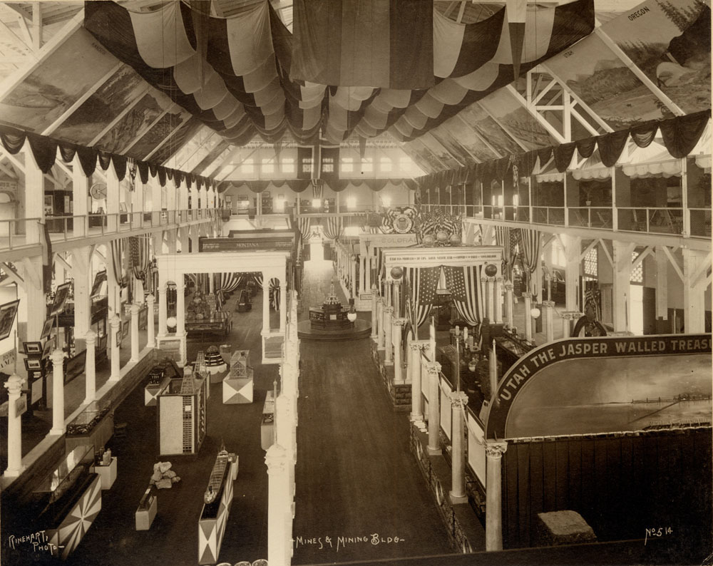 Interior of Mines and Mining Building. Overhead view of exhibits. 