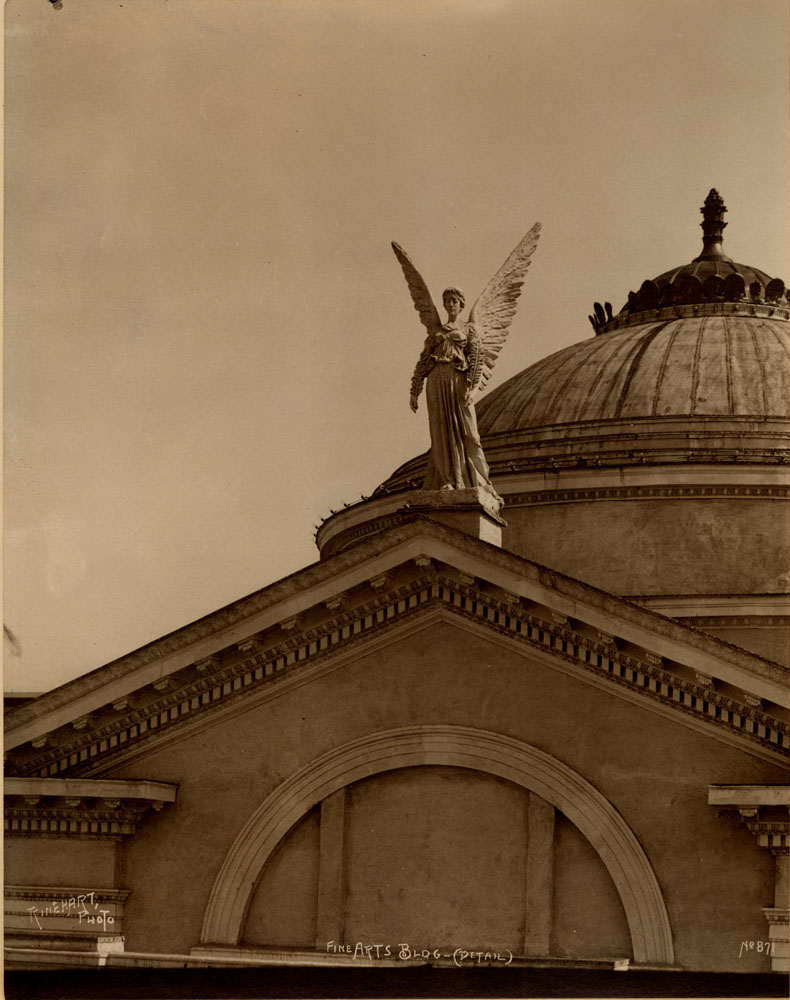 Detail of Fine Arts Building. Section of Dome and Angel staue above gable.