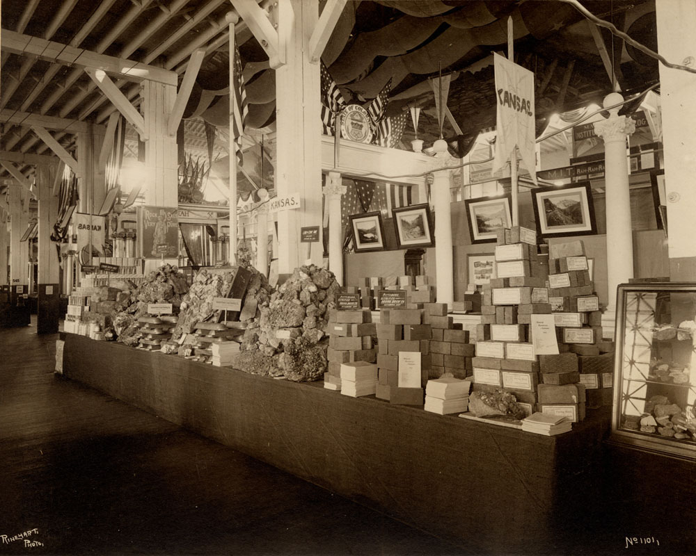 Interior of Mines and Mining Building. Kansas exhibit.