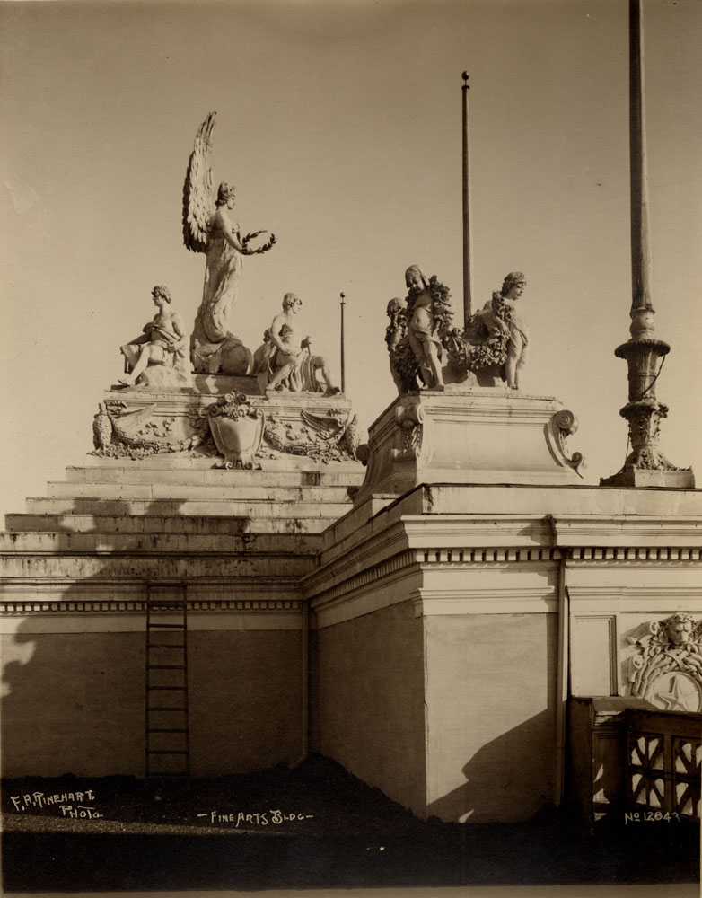Detail of Fine Arts Building. Angel with Laurel bough, seated figures, and cherubs draped in leafy boughs.
