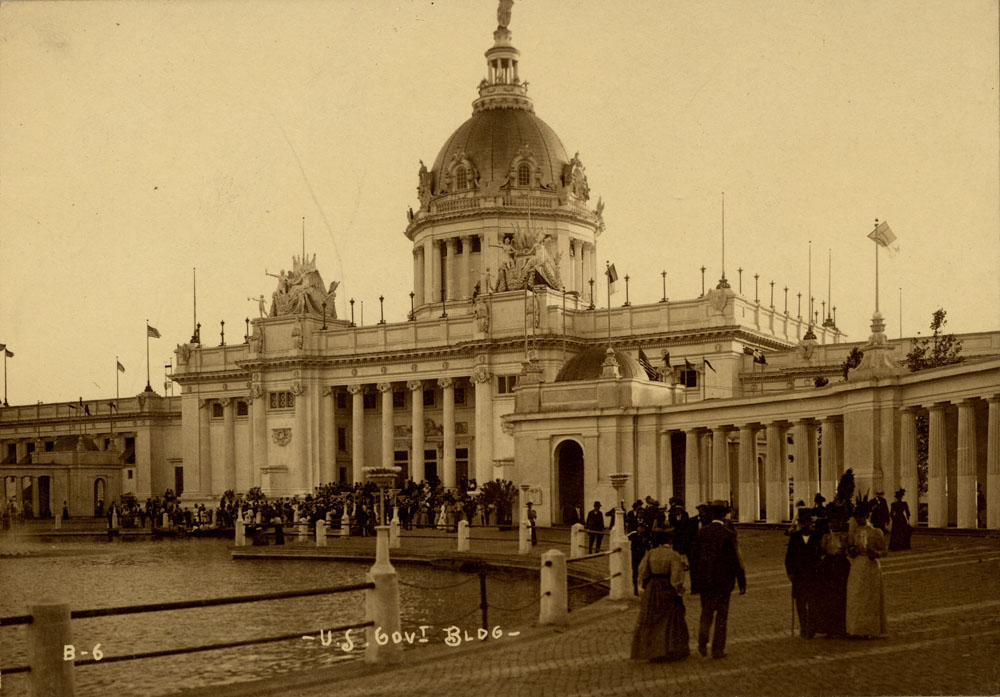 U.S. Government Building, looking southwest. View of Lagoon, and crowd gathered.