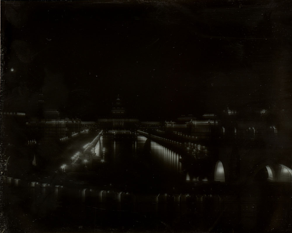 Bird's-eye view of Grand Court, looking west from behind Grand Colonnade at night.