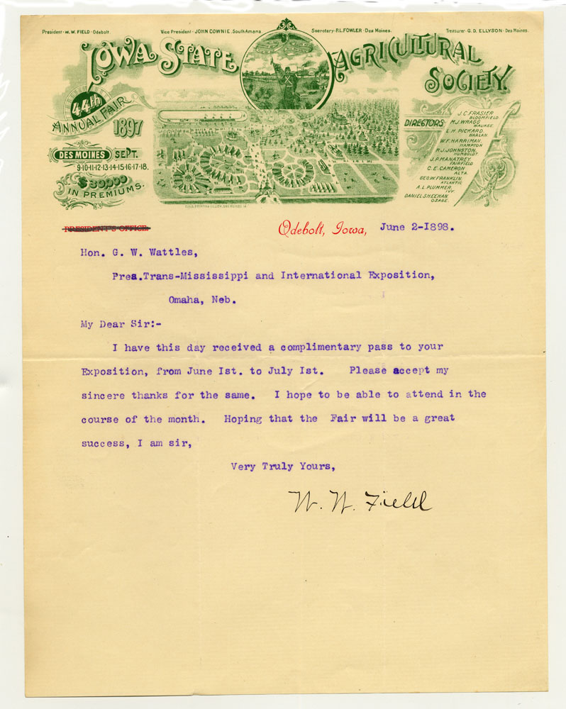 Invitations to Exposition; City and State Officials; Iowa State Agricultural Society. 1 sheet previously folded in sixths. Letter.