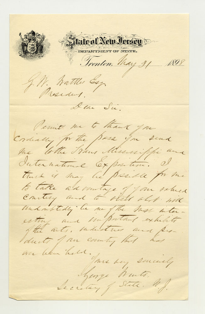 Invitations to Exposition; City and State Officials; New Jersey State Department. 1 sheet previously folded in thirds. Letter.