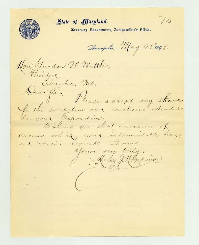 Invitations to Exposition; City and State Officials; Maryland Treasury Department. 1 sheet previously folded in sixths. Letter.