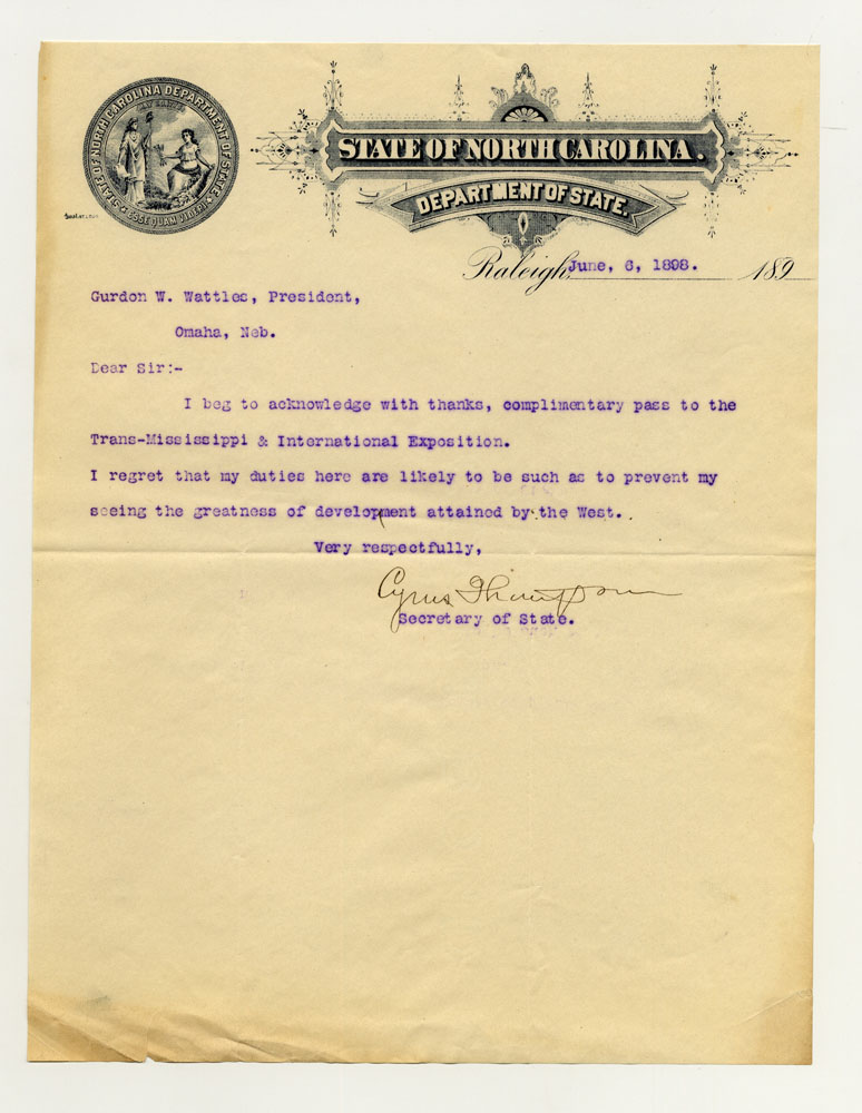 Invitations to Exposition; City and State Officials; North Carolina Department of State. 1 sheet previously folded in sixths. Letter.