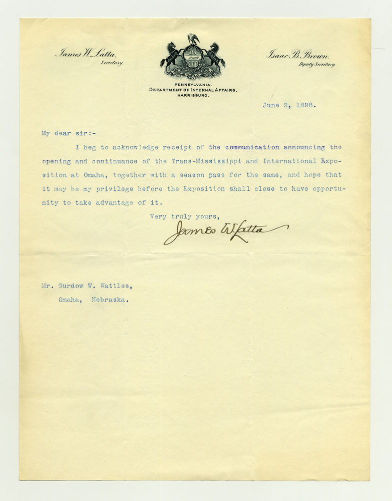 Invitations to Exposition; City and State Officials; Pennsylvania Department of Internal Affairs. 1 sheet previously folded in sixths. Letter.