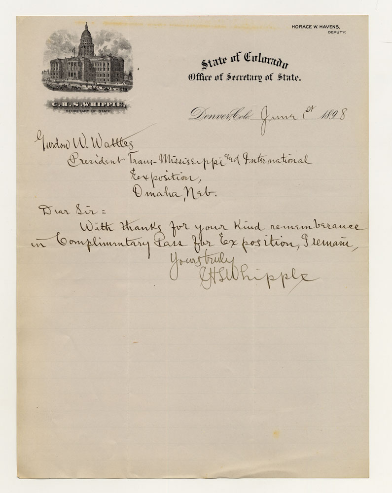 Invitations to Exposition; City and State Officials; Colorado Secretary of State. 1 sheet previously folded in sixths. Letter.