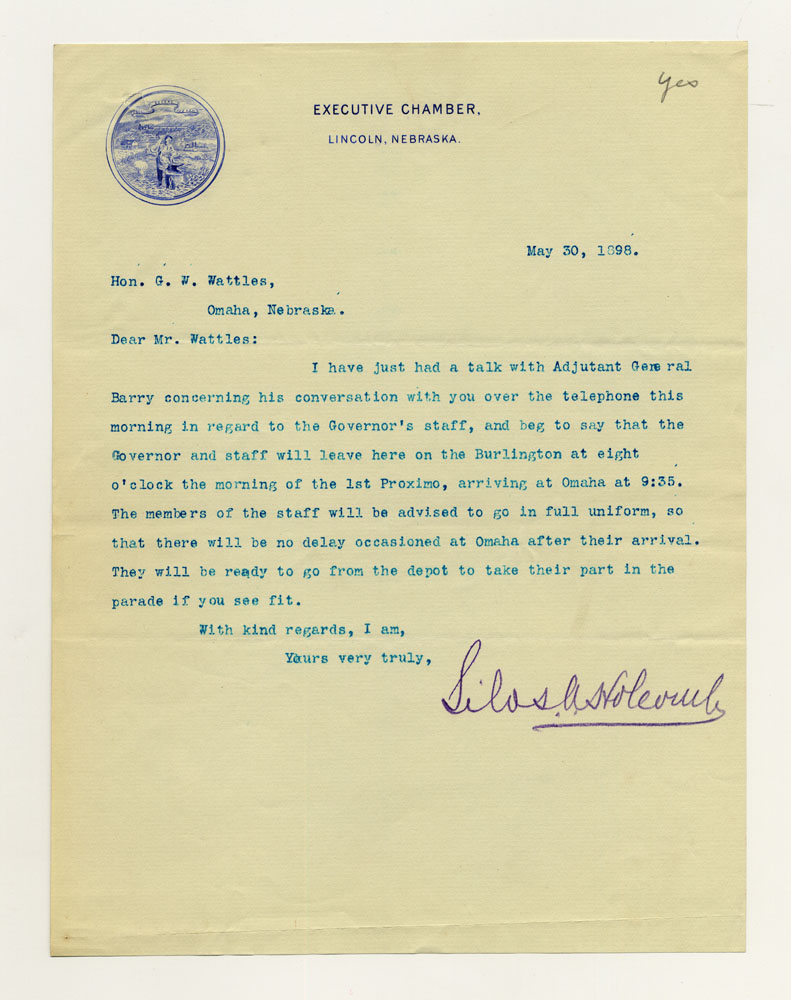 Opening Day Invitations; City and State Officials; Nebraska Governor. 1 sheet previously folded in thirds. Letter.