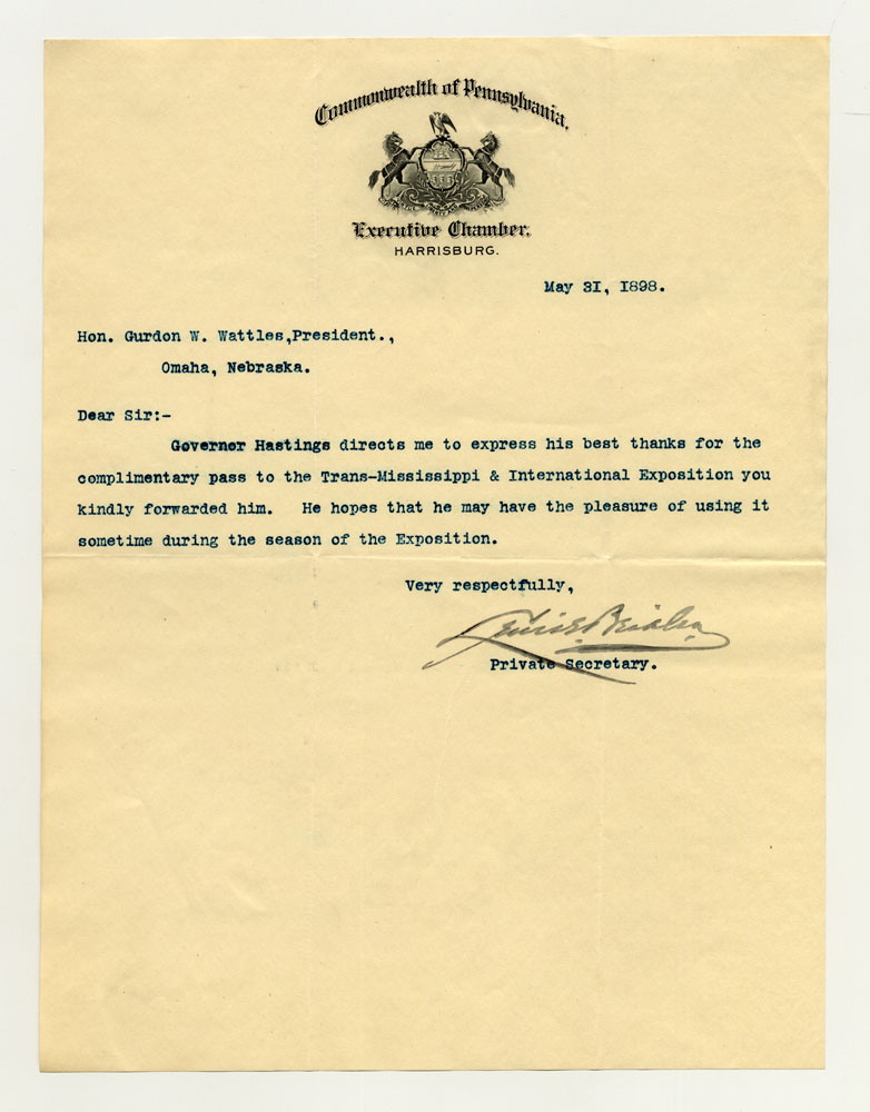 Invitations to Exposition; City and State Officials; Pennsylvania Governor. 1 sheet previously folded in sixths. Letter.