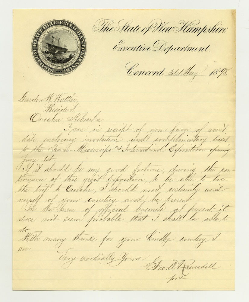 Opening Day Invitations; City and State Officials; New Hampshire. 1 sheet previously folded in sixths. Letter.