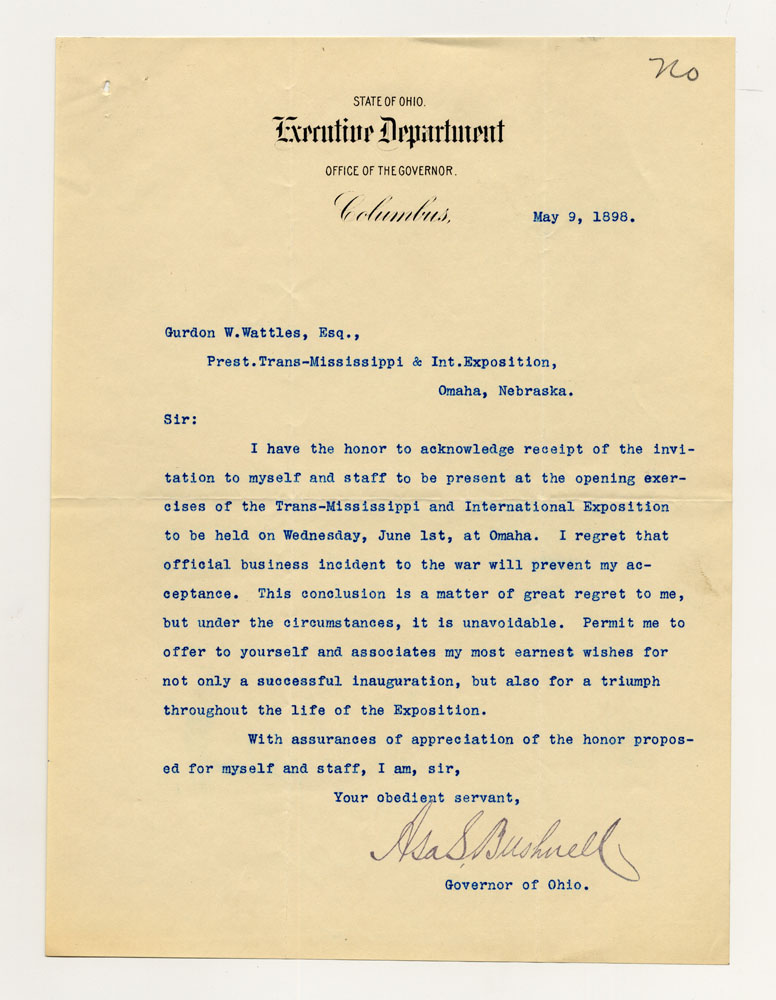 Opening Day Invitations; City and State Officials, Ohio Governor. 1 sheet previously folded in sixths. Letter.
