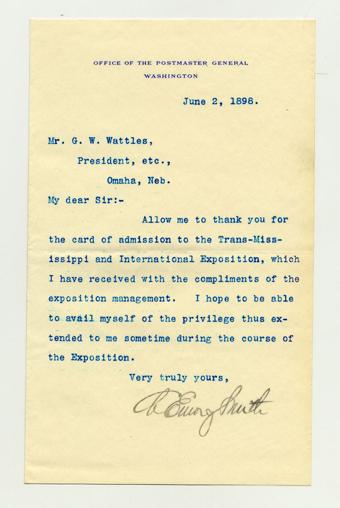 Invitations to Exposition; Postmaster General. 1 sheet previously folded in half. Letter.