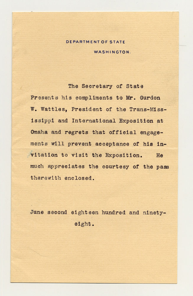 Invitations to Exposition; Secretary of State Hay. 1 sheet previously folded in half. Letter.