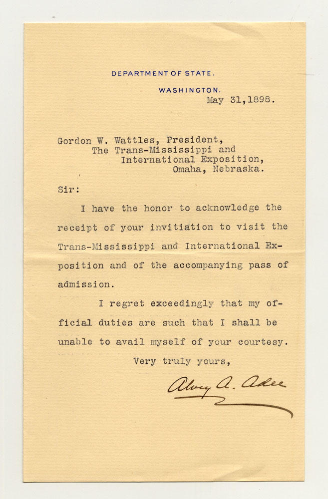 Invitations to Exposition; Department of State. 1 sheet previously folded in half. Letter.
