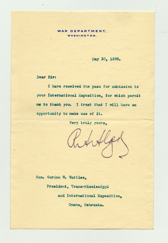 Invitations to Exposition; War Department. 1 sheet previously folded in half. Letter.