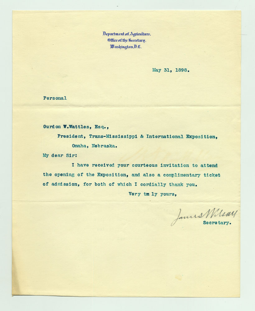 Opening Day Invitations; Secretary of Agriculture. 1 sheet previously folded in thirds. Letter.