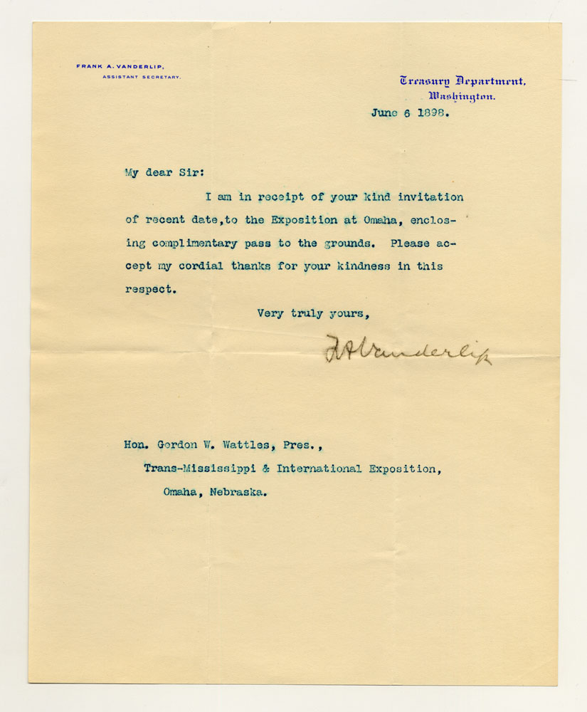 Invitations to Exposition; Treasury Department. 1 sheet previously folded in sixths. Letter.