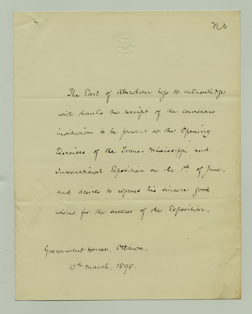 Opening Day Invitations; Canadian Officials; Earl of Aberdeen. 1 sheet previously folded in thirds. Letter.