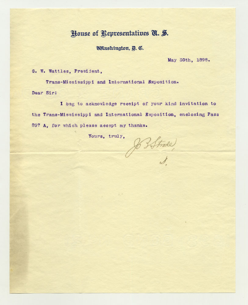Opening Day Invitations; U. S. Representative - Nebraska. 1 sheet previously folded in sixths. Letter.