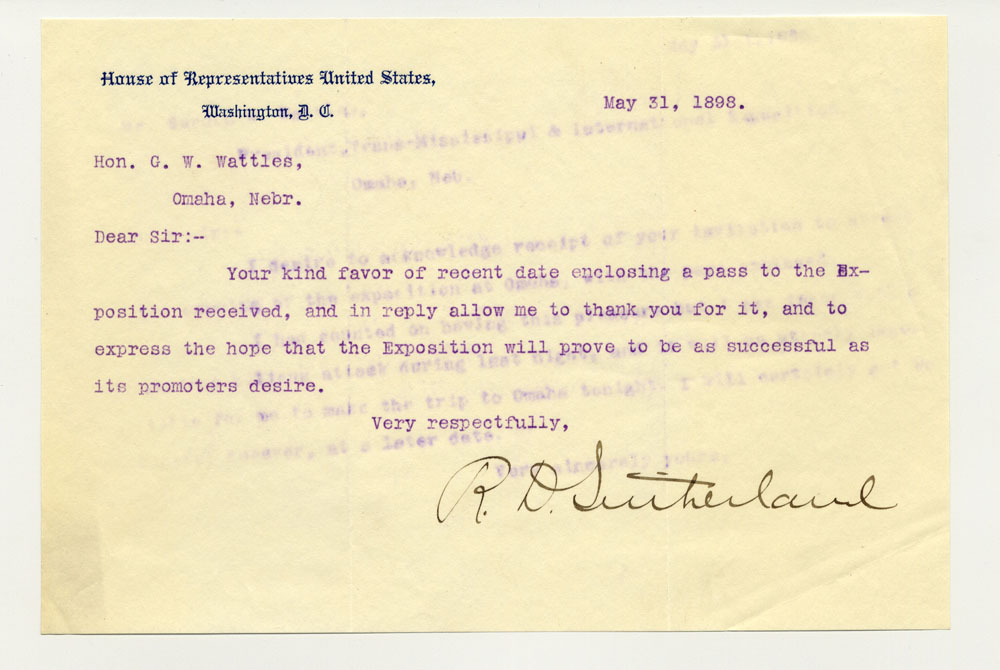 Opening Day Invitations; U. S. Representative - Nebraska. 1 sheet previously folded in thirds. Letter.