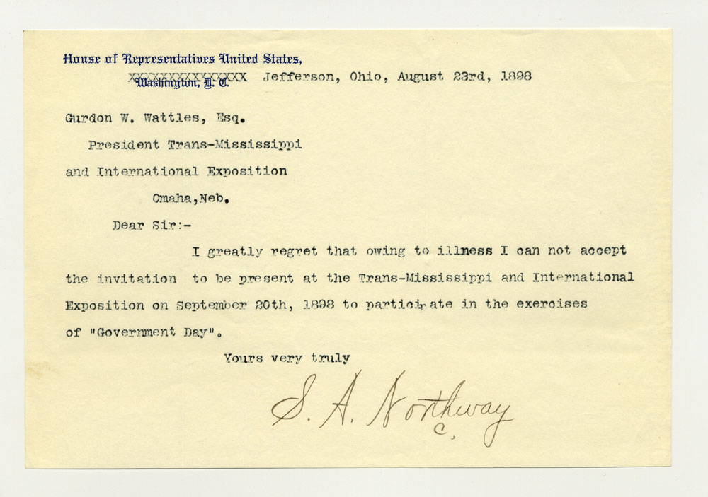 Government Day Invitations; U. S. Representative - Ohio. 1 sheet previously folded in thirds. Letter.
