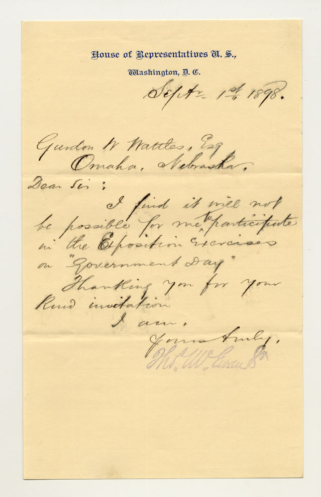 Government Day Invitations; U. S. Representative. 1 sheet previously folded in thirds. Letter.