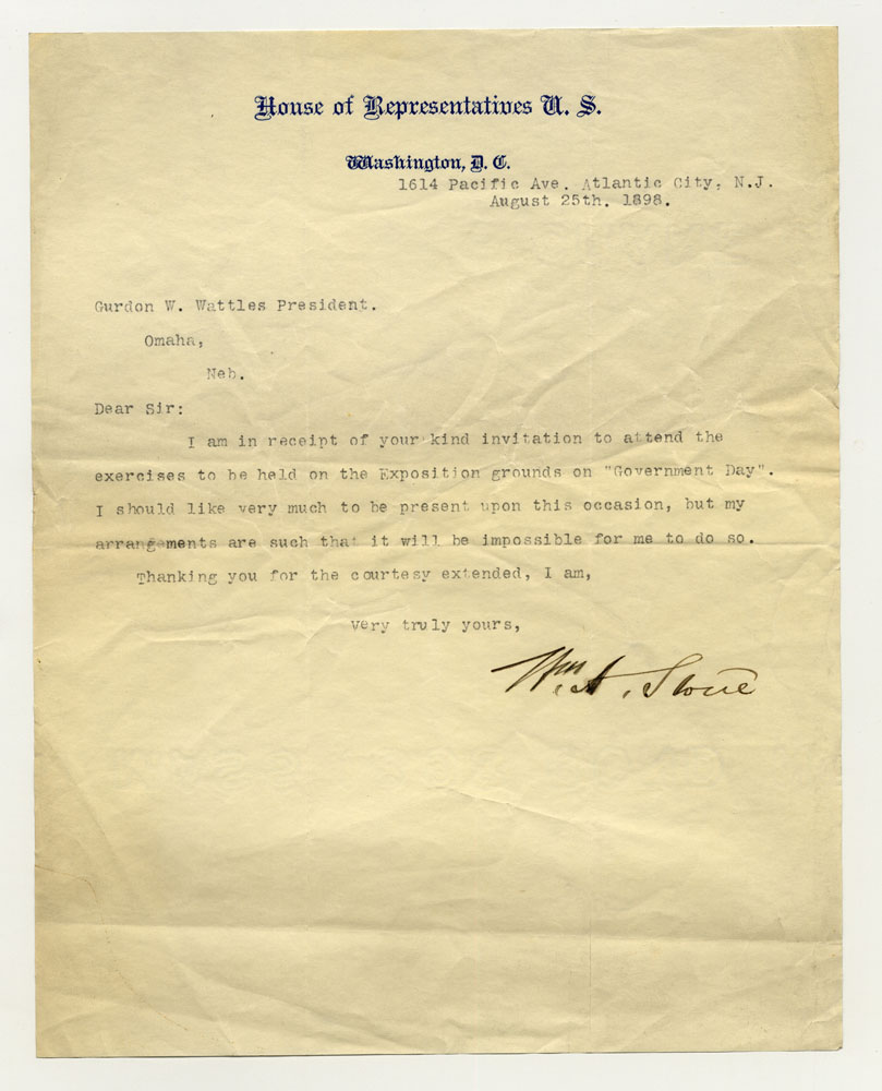 Government Day Invitations; U. S. Representative - New Jersey. 1 sheet previously folded in ninths. Letter.