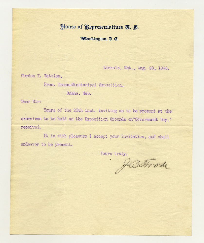 Government Day Invitations; U. S. Representative - Nebraska. 1 sheet previously folded in sixths. Letter.