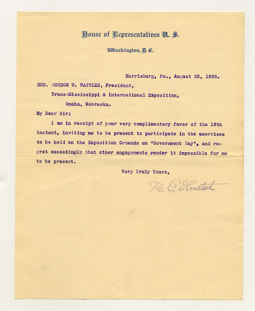 Government Day Invitations; U. S. Representative - Pennsylvania. 1 sheet previously folded in sixths. Letter.