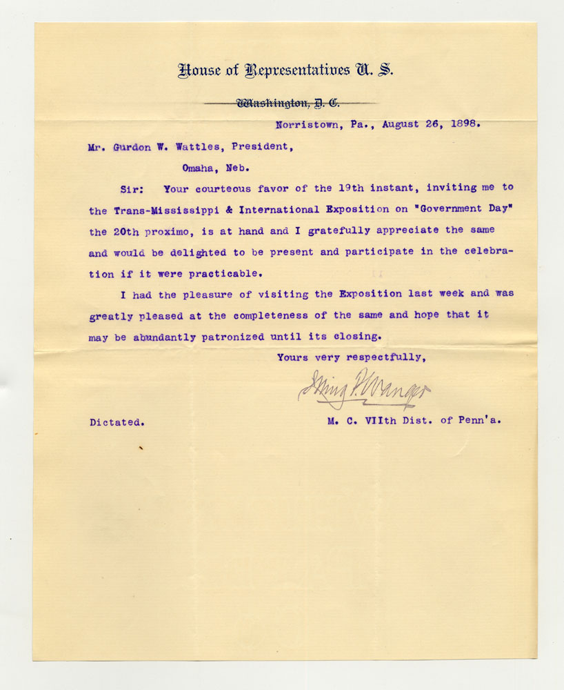Government Day Invitations; U. S. Representative - Pennsylvania. 1 sheet previously folded in ninths. Letter.