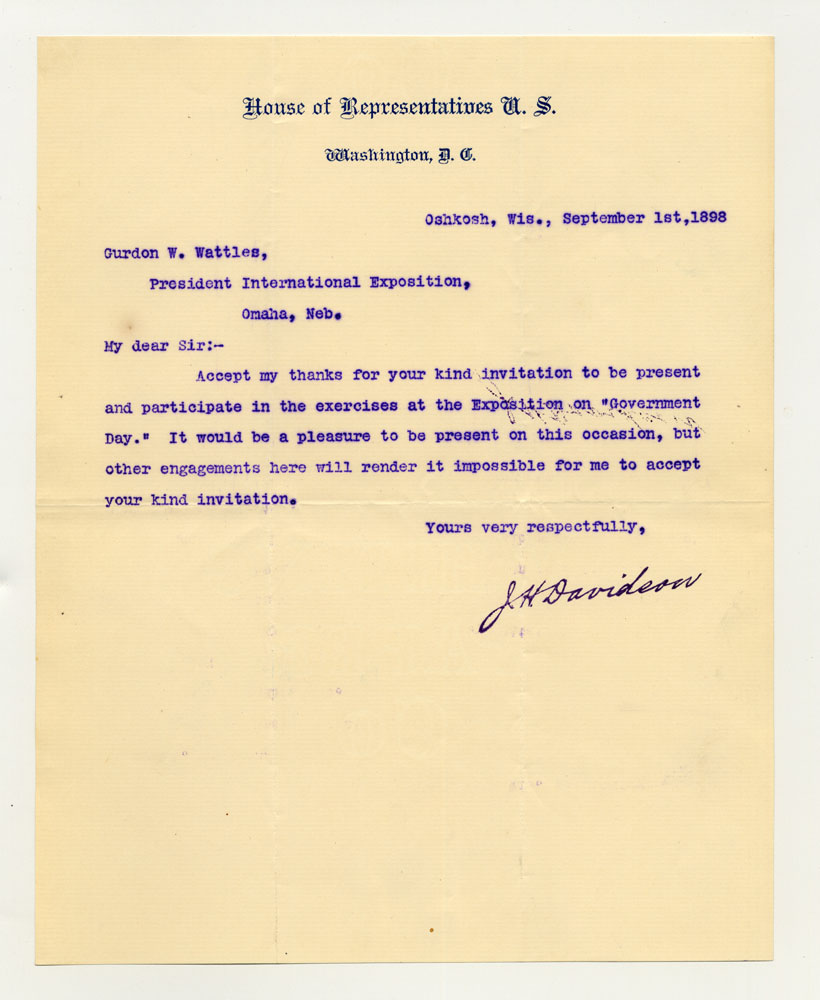 Government Day Invitations; U. S. Representative - Wisconsin. 1 sheet previously folded in sixths. Letter.