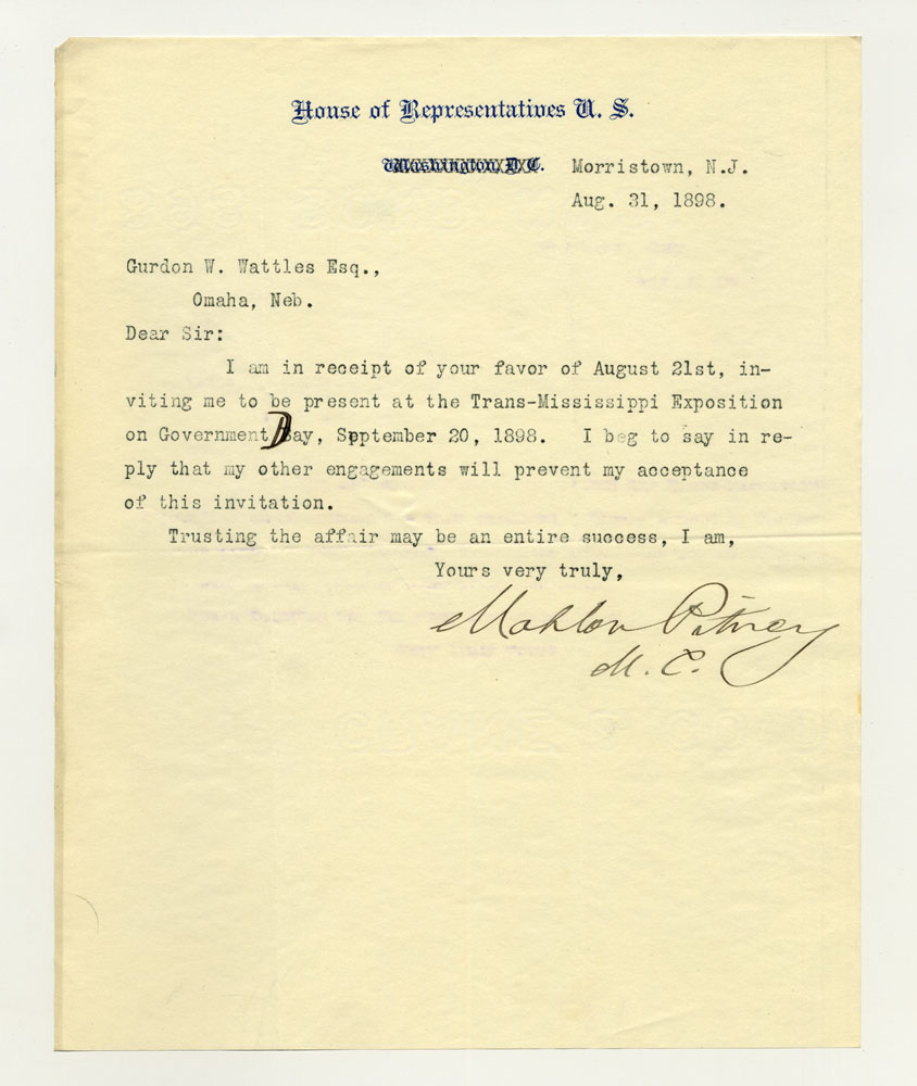 Government Day Invitations; U. S. Representative - New Jersey. 1 sheet previously folded in sixths. Letter.