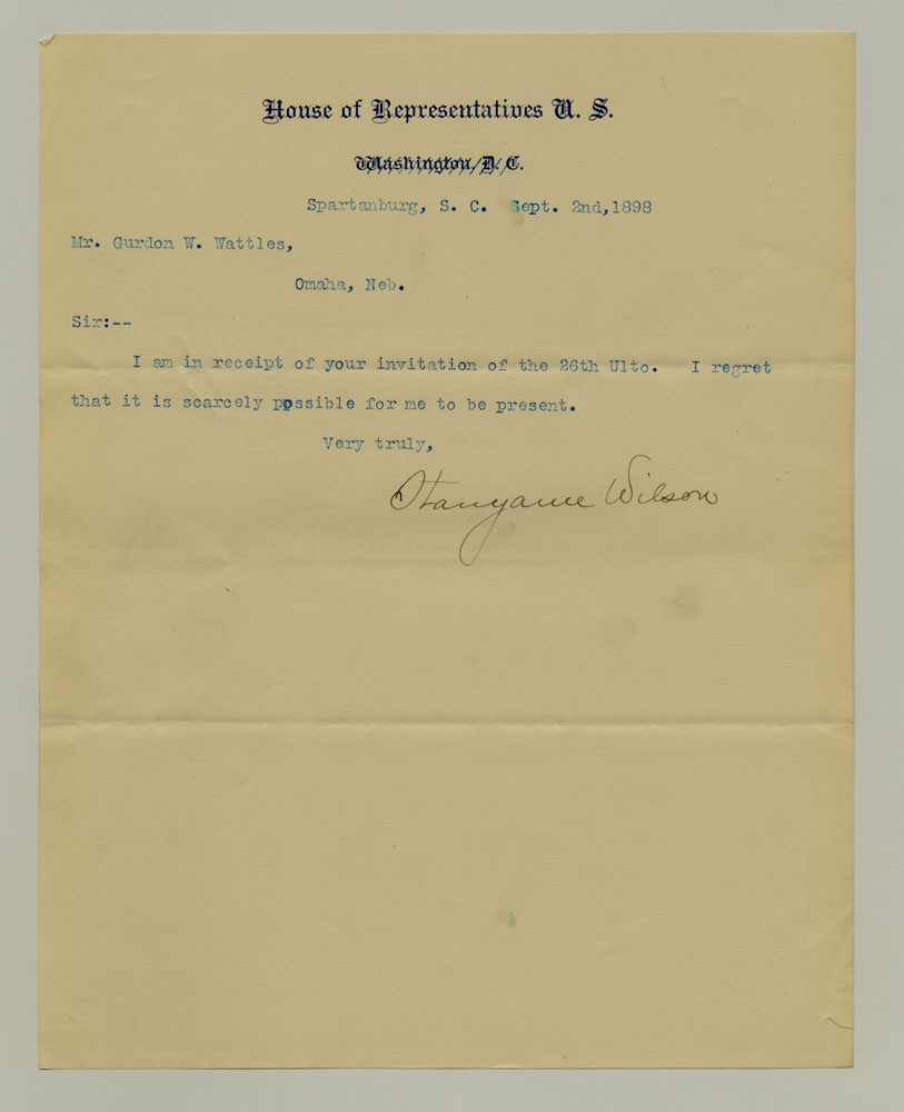 Government Day Invitations; U. S. Representative - South Carolina. 1 sheet previously folded in thirds. Letter.