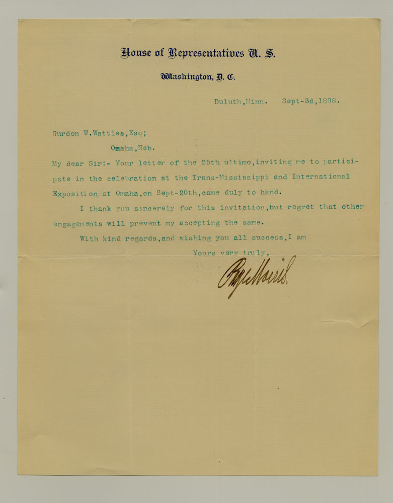 Government Day Invitations; U. S. Representative - Minnesota. 1 sheet previously folded in sixths. Letter.