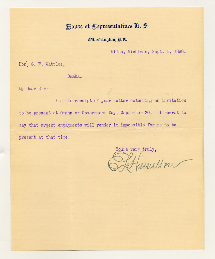 Government Day Invitations; U. S. Representative - Michigan. 1 sheet previously folded in sixths. Letter.