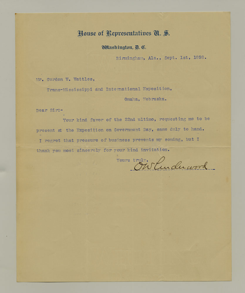 Government Day Invitations; U. S. Representative - Alabama. 1 sheet previously folded in sixths. Letter.