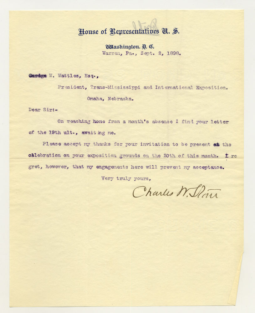 Government Day Invitations; U. S. Representative - Pennsylvania. 1 sheet previously folded in sixths. Letter.