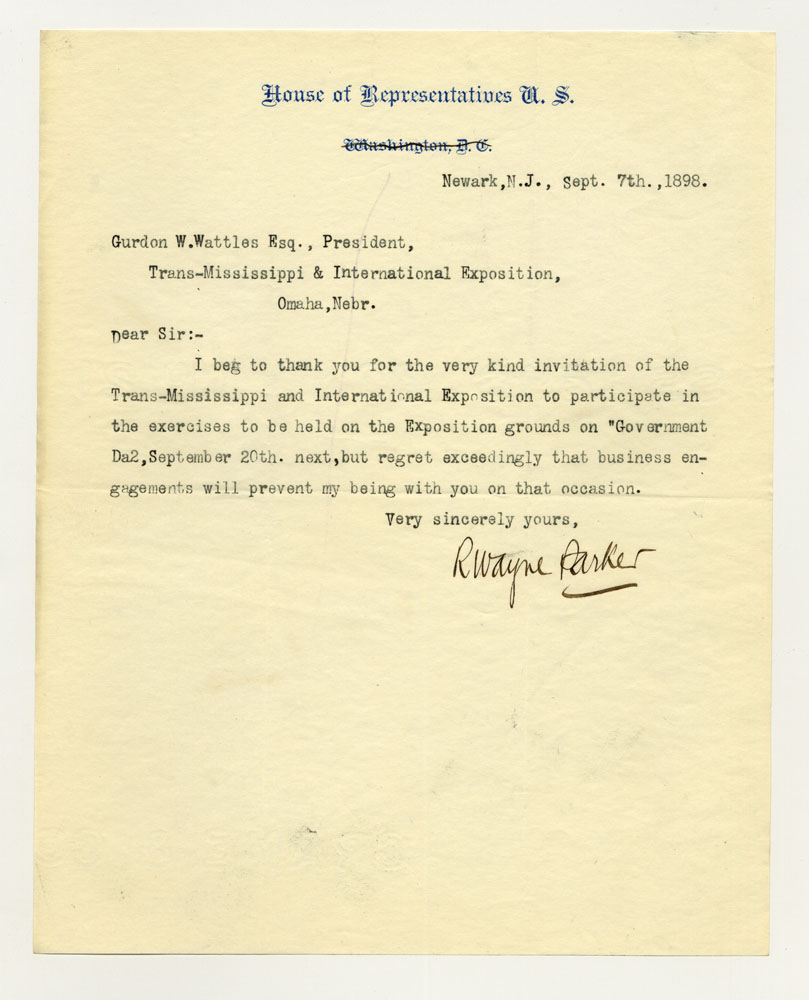 Government Day Invitations; U. S. Representative - New Jersey. 1 sheet previously folded in sixths. Letter.