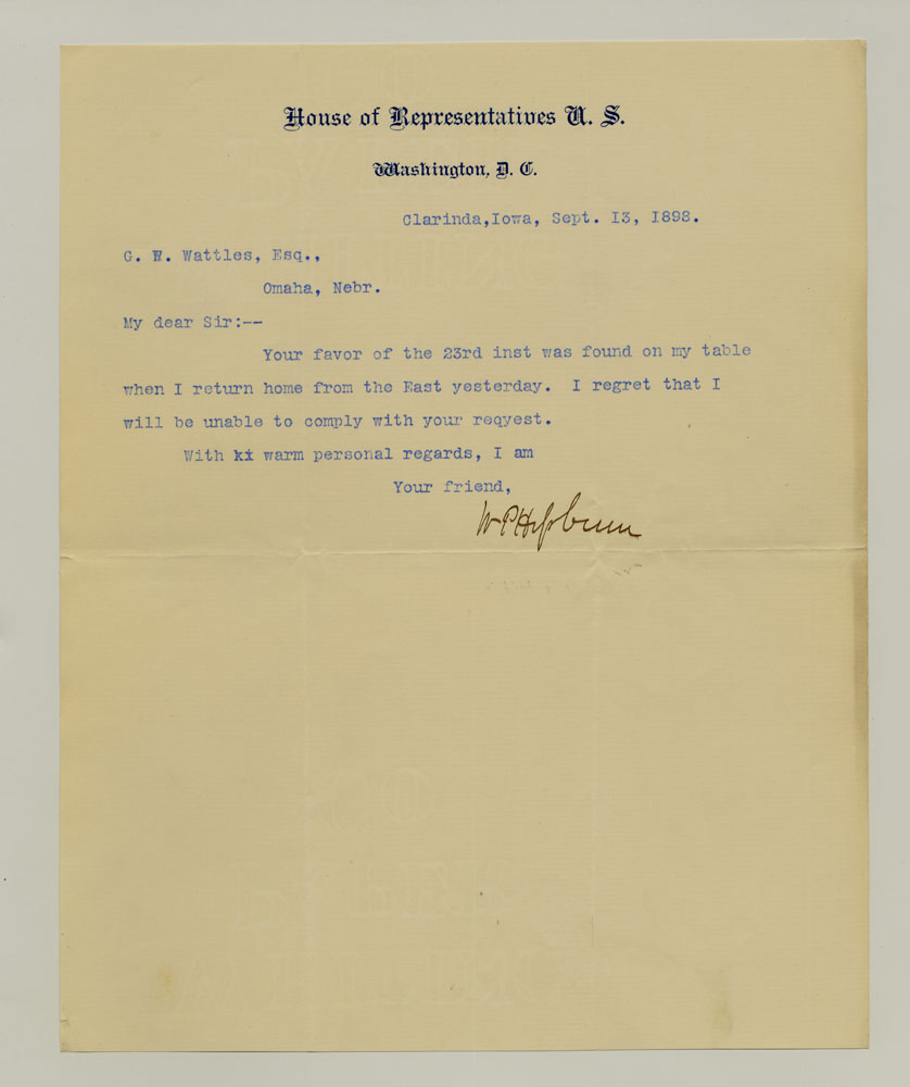 Government Day Invitations; U. S. Representative - Iowa. 1 sheet previously folded in sixths. Letter.