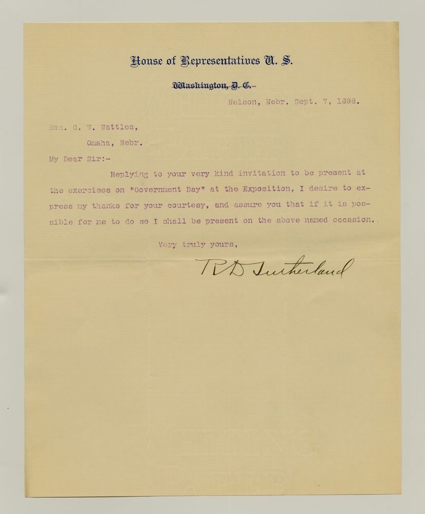 Government Day Invitations; U. S. Representative - Nebraska. 1 sheet previously folded in sixths. Letter.