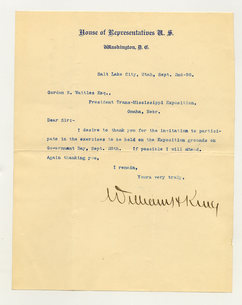 Government Day Invitations; U. S. Representative - Utah. 1 sheet previously folded in sixths. Letter.