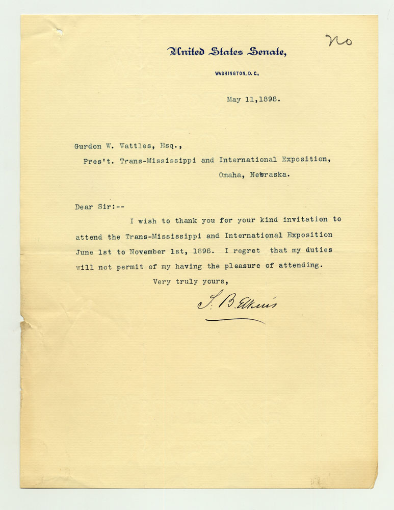 Opening Day Invitations; U. S. Senator. 1 sheet previously folded in sixths. Letter.