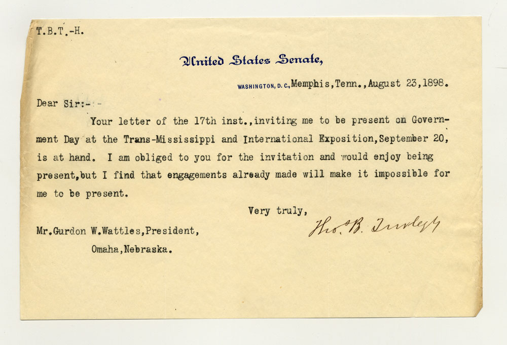 Government Day Invitations; U. S. Senator - Tennessee. 1 sheet previously folded in thirds. Letter.