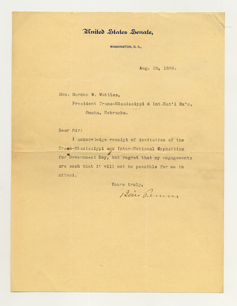 Government Day Invitations; U. S. Senator. 1 sheet previously folded in sixths. Letter.