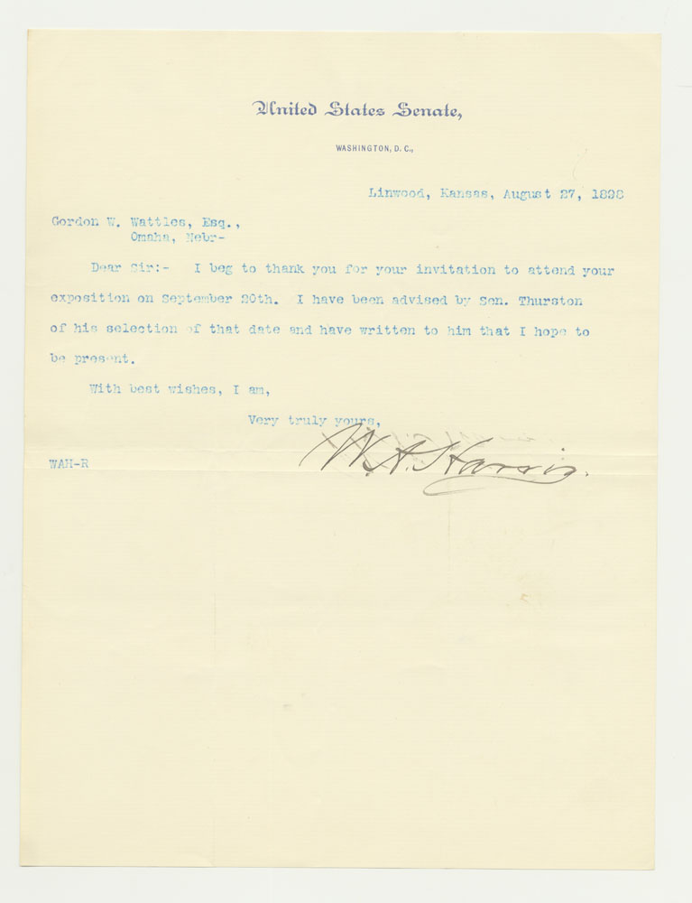 Government Day Invitations; U. S. Senator - Kansas. 1 sheet previously folded in sixths. Letter.